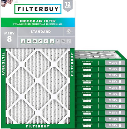 Filterbuy 11.5x19.5x1 Air Filter MERV 8 Essential Dust & Allergy Defense (12-Pack), Electrostatic Pleated HVAC AC Furnace Filters Replacement, Made in USA (Actual Size: 11.50 x 19.50 x 0.75)