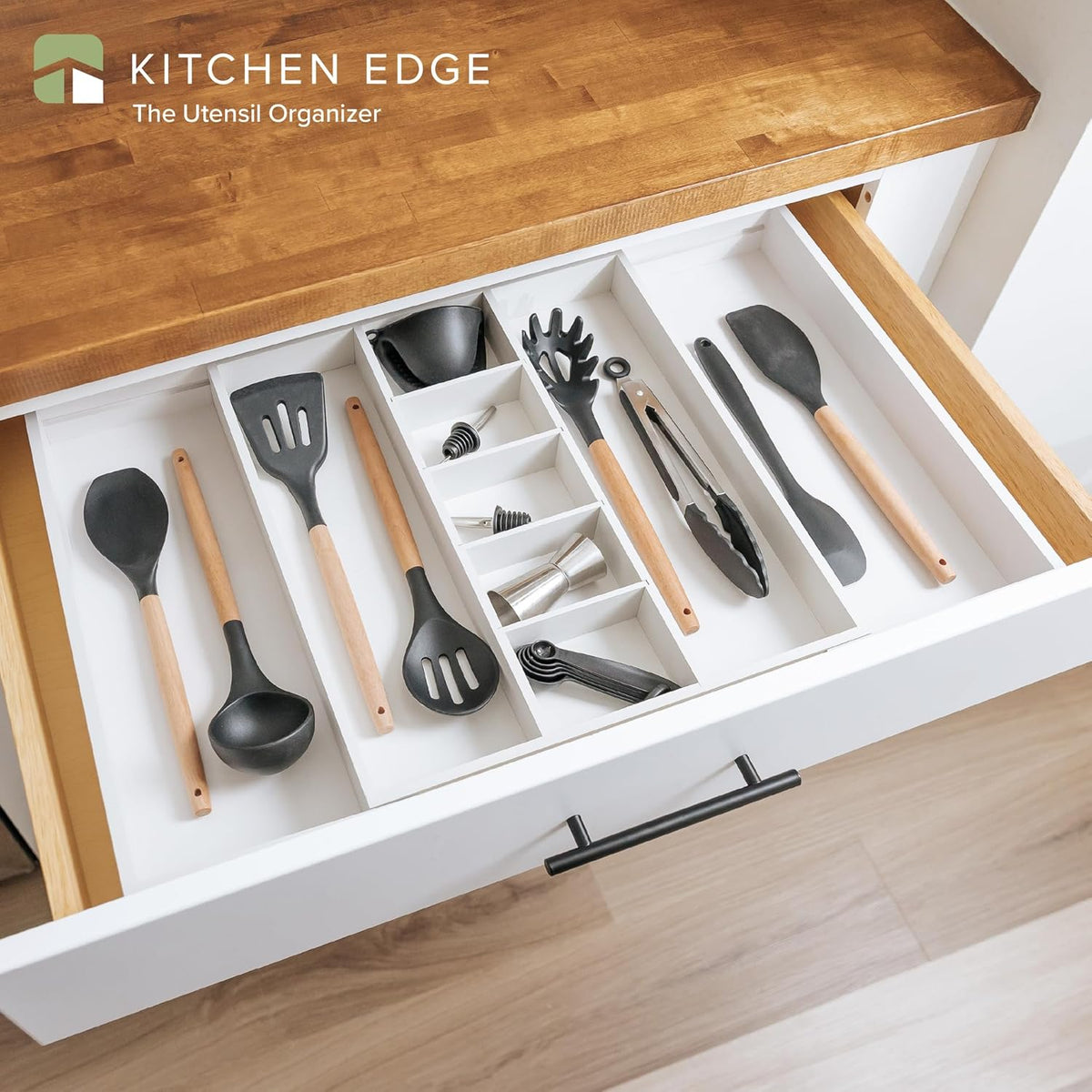 Adjustable Kitchen Drawer Organizer for Utensils and Junk, Food-Safe Contract Grade with 100% Sustainable Wood, Expandable from 16 to 28 Inches Wide - White Bamboo