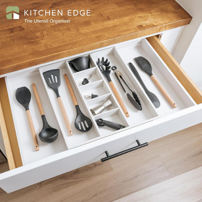 Adjustable Kitchen Drawer Organizer for Utensils and Junk, Food-Safe Contract Grade with 100% Sustainable Wood, Expandable from 16 to 28 Inches Wide - White Bamboo