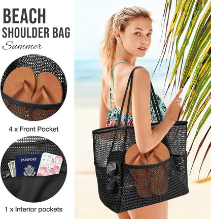 KPX Beach Bag with Mini Pocket, Beach Tote Bags for Women Large Foldable Mesh Swimming Pool Travel Bags - Sandproof
