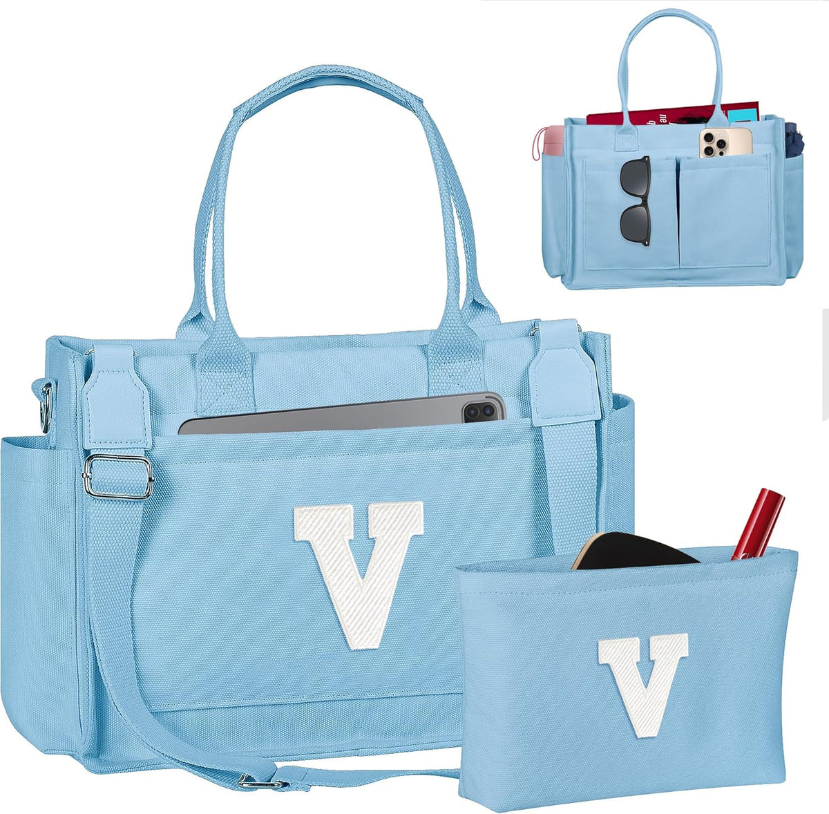 Gifts for Women Teen Girls, Initial Tote Bag with Zipper, Letter Canvas Tote Purse for College Work Laptop Beach