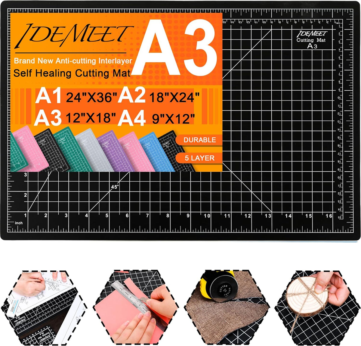 Density-upgraded 18"x12" Self Healing Cutting Mat, Idemeet Rotary Sewing Mat for Crafts, 5-Ply Blade Table Protector Cut Board for Fabric Leather Cutting Quilting Modeling Hobby Project, A3, Black