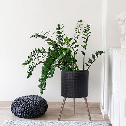 D'vine Dev 16 Inch Modern Geometric Tile Patterned Sleek Planter Pot with Stand, Indoor Outdoor Decorative Plant Holder, Matte Black, 88-Z-E-2