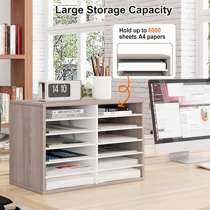 Mail Organizer Countertop, 12 Slots Wooden Desk File Literature Sorter, Adjustable Paper Storage Shelves Document Holder, Space Saving Desktop Mailbox for Office Classroom, Retro Grey/White