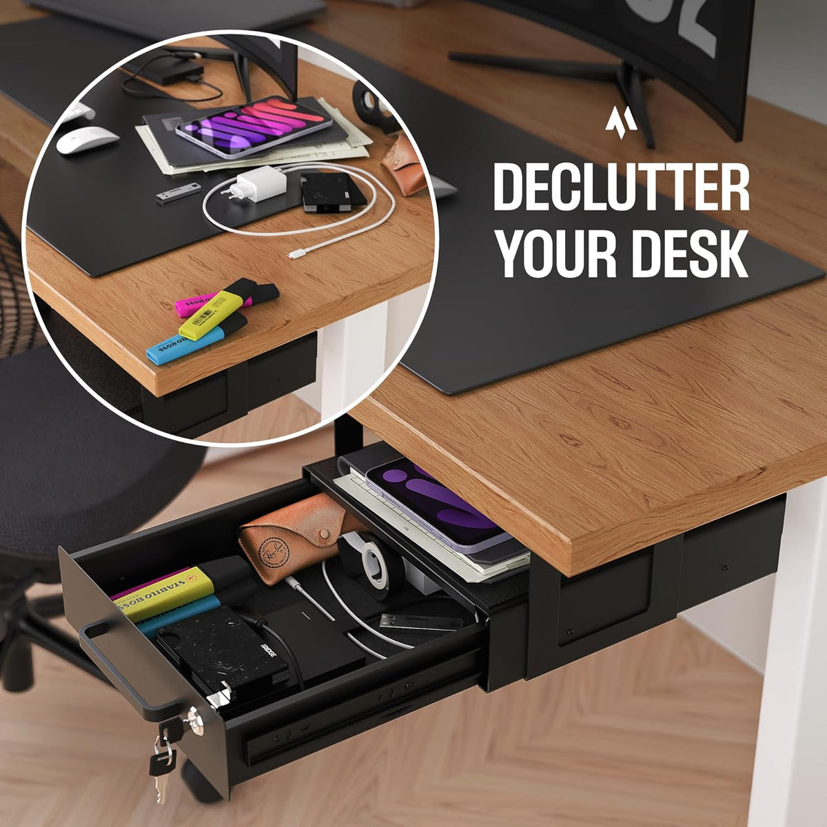 Under Desk Drawer Slide-Out – Lockable Metal Storage Drawer with Cable Management for Office & Home (Single, Non-Bracketed)