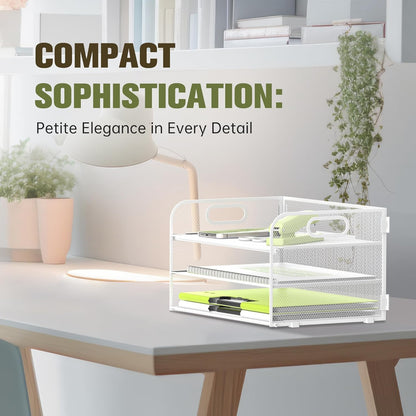 Daltack 3-Tier Paper Organizer With Handle, Mesh Desk Letter Tray for A4 File Folder, White