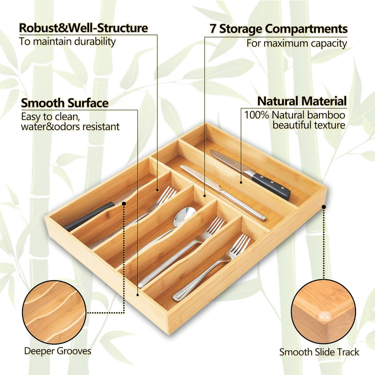 Silverware Organizer, 12.5 Inch Utensil Organizer Kitchen Drawer Organizer Bamboo Silverware Holder Cutlery Tray Organizer in Drawer Flatware Organizer Tray(7 slots, Natural）