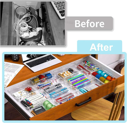 15 Pcs Clear Extendable Drawer Organizer,Adjustable Vanity Storage Box, 2-Size Desk Drawer Organizer, Acrylic Storage Bin for Makeup, Cosmetic,Desk Organizer Gadgets for Bathroom Bedroom Kitchen