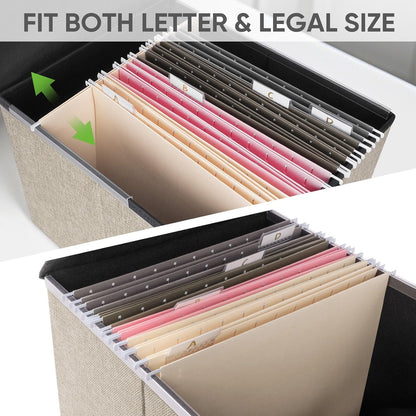 BALEINE File Organizer Box with Lid, Collapsible File Folder Organizer with Plastic Slide, Hanging File Folder Box for Office Document Storage (2 Pack, Beige)