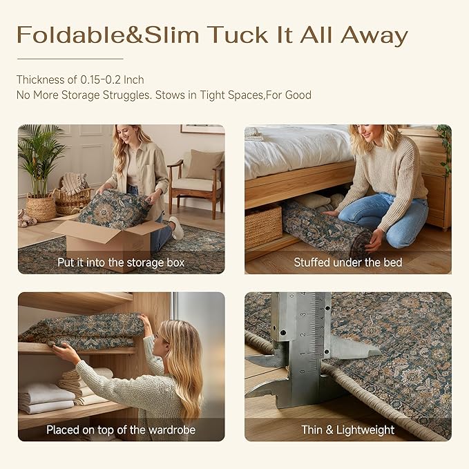 6x9 Washable Traditional Area Rug Living Room Brown Floral Non Slip Low Pile Throw Rug Neutral Vintage Stain Resistant Carpet Bedroom Kitchen Dining Room Office Playroom