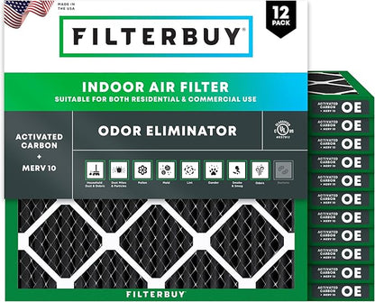 Filterbuy 10x10x1 Air Filter MERV 10 Odor & Allergy Defense with Activated Carbon (12-Pack), Electrostatic Pleated HVAC AC Furnace Filters Replacement, Made in USA (Actual Size: 9.50 x 9.50 x 0.75)