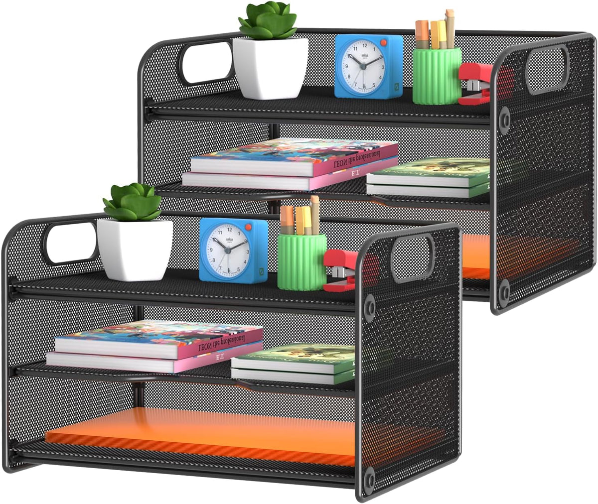 samstar 2 Pack 3 Tier Letter Tray Paper Organizer with Handle, Mesh Desk Organizer Paper Sorter File Rack Shelves, Black