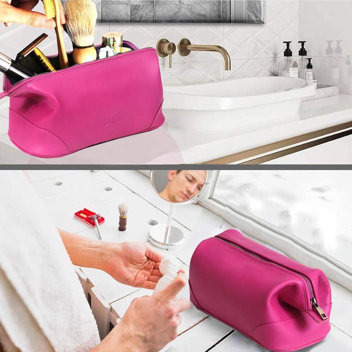 HLC Leather Toiletry Bag - Best Gift for Men - Premium Genuine Leather Dopp Kit Shaving Kit Organizer Travel Kit Pouch Bag - Large Size