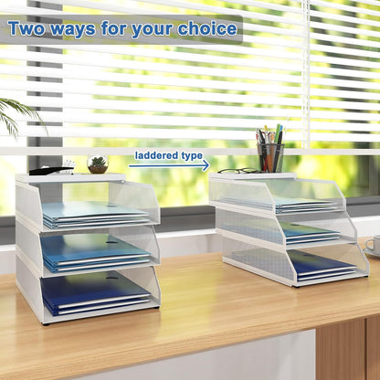 Natwind 3-Tier Stackable Paper Tray, Metal Mesh Desktop Organizer, Paper Sorter, Letter Trays,File Document Storage Rack for for Home, Office, School (White)