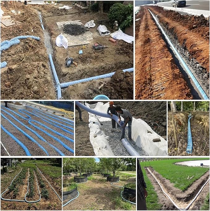 French Drain Pipe for Lawn, 2" 3" 4" 6" Corrugated Perforated Drains Pipes 3 5 12 25 50 100 Ft- Soil Infiltration Ground Water Drainage(Blue-Dia 15cm(5.9in),L 45ft)