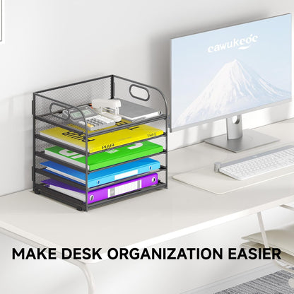 5 Tier Paper Organizer with Handle, Metal Mesh Desk Organizer File Folder Paper Letter Tray Desktop Document Sorter for Classroom, School, Office Accessories Organization and Storage - Grey