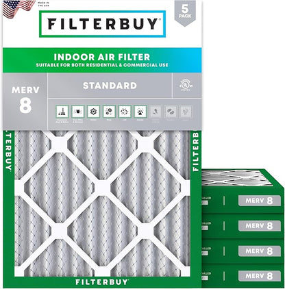 Filterbuy 30x36x2 Air Filter MERV 8 Essential Dust & Allergy Defense (5-Pack), Electrostatic Pleated HVAC AC Furnace Filters Replacement, Made in USA (Actual Size: 29.81 x 35.81 x 1.75)