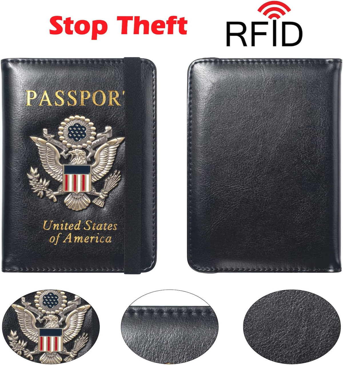 Passport Holder for Travel Men Women, RFID Blocking Passport Cover Leather Passport Wallet With 3D Metal Badge Waterproof Passport Case Travel Wallets Accessories Document Organizer (Black)