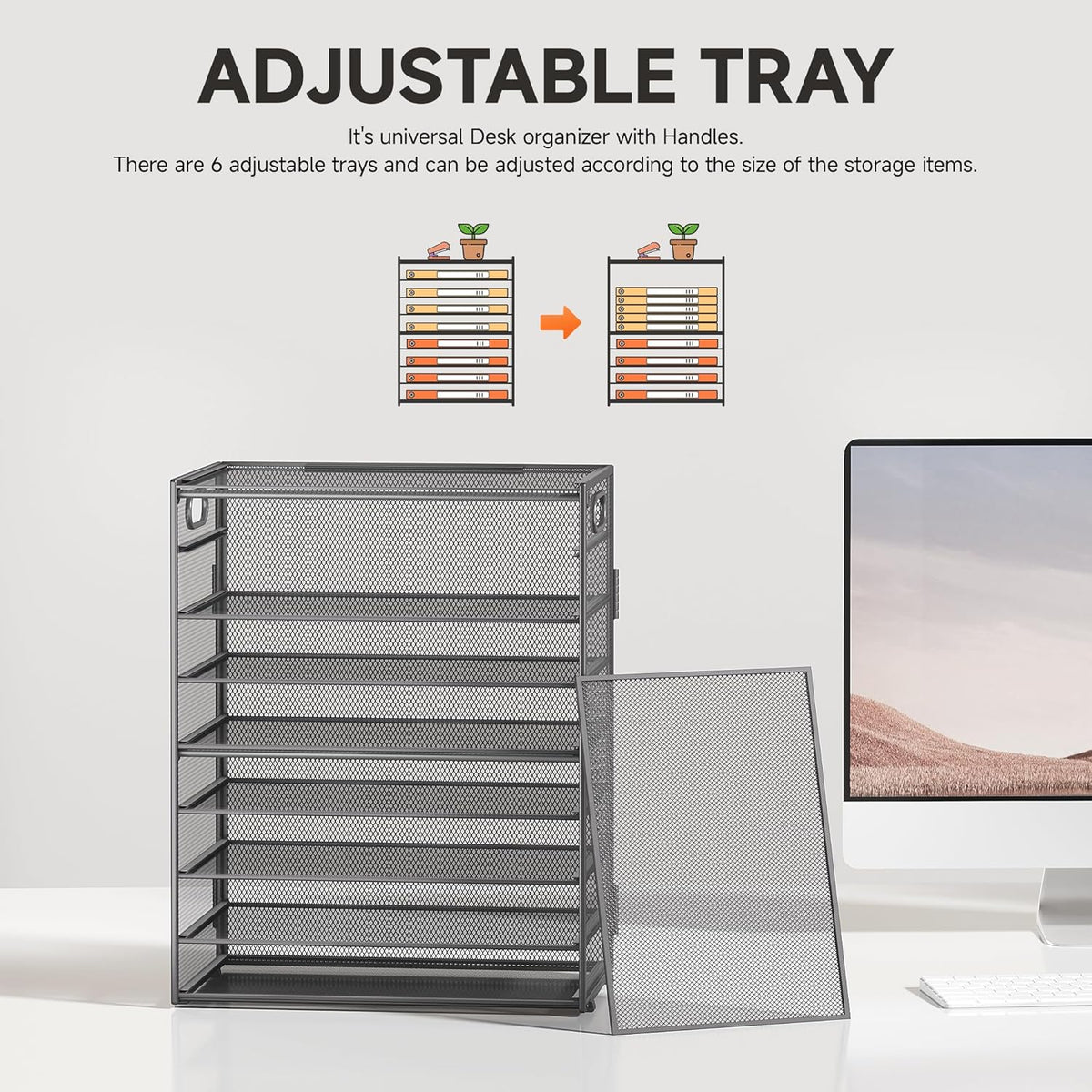 SUBEKYU 9 Tier Paper Organizer for Desk - Gray Metal Mesh Letter Tray File Paper Sorter Organizer Include 6 Pcs Adjustable Height Slid Tray with Handles for Office School Home Organization Storage