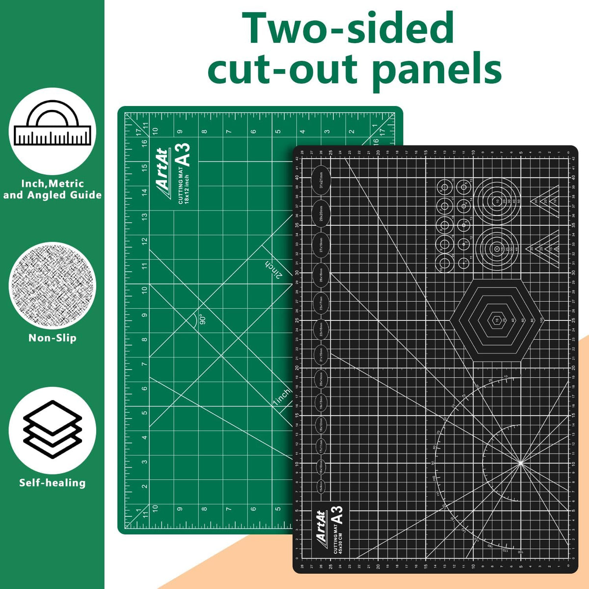 ArtAt Self Healing Cutting Mat: 12inch x 18inch Double Sided 5-Ply Fabric Cutting Mat for Sewing, Quilting & Arts & Crafts - Gridded Rotary Cutting Board Mat in Green/Black.