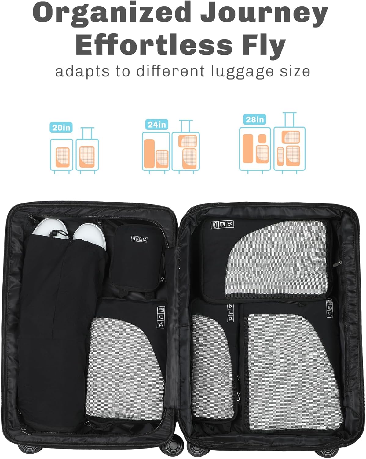 Hynes Eagle 6 Set/ 4 Set/ 2 Set Compression Packing Cubes Travel Essentials Lightweight Nylon Luggage Suitcase Organizer Bag Black 6PCS