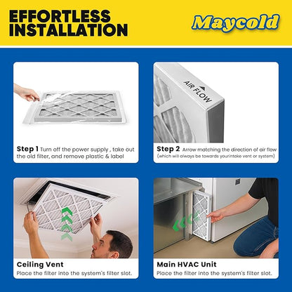 Maycold MERV 8 12x24x1 Furnace Air Filters (6-Pack), Pleated HVAC AC Filters – Actual Size 11.70” x 23.70” x 0.75”, For Residential or Office Use, Individually Wrapped in Plastic