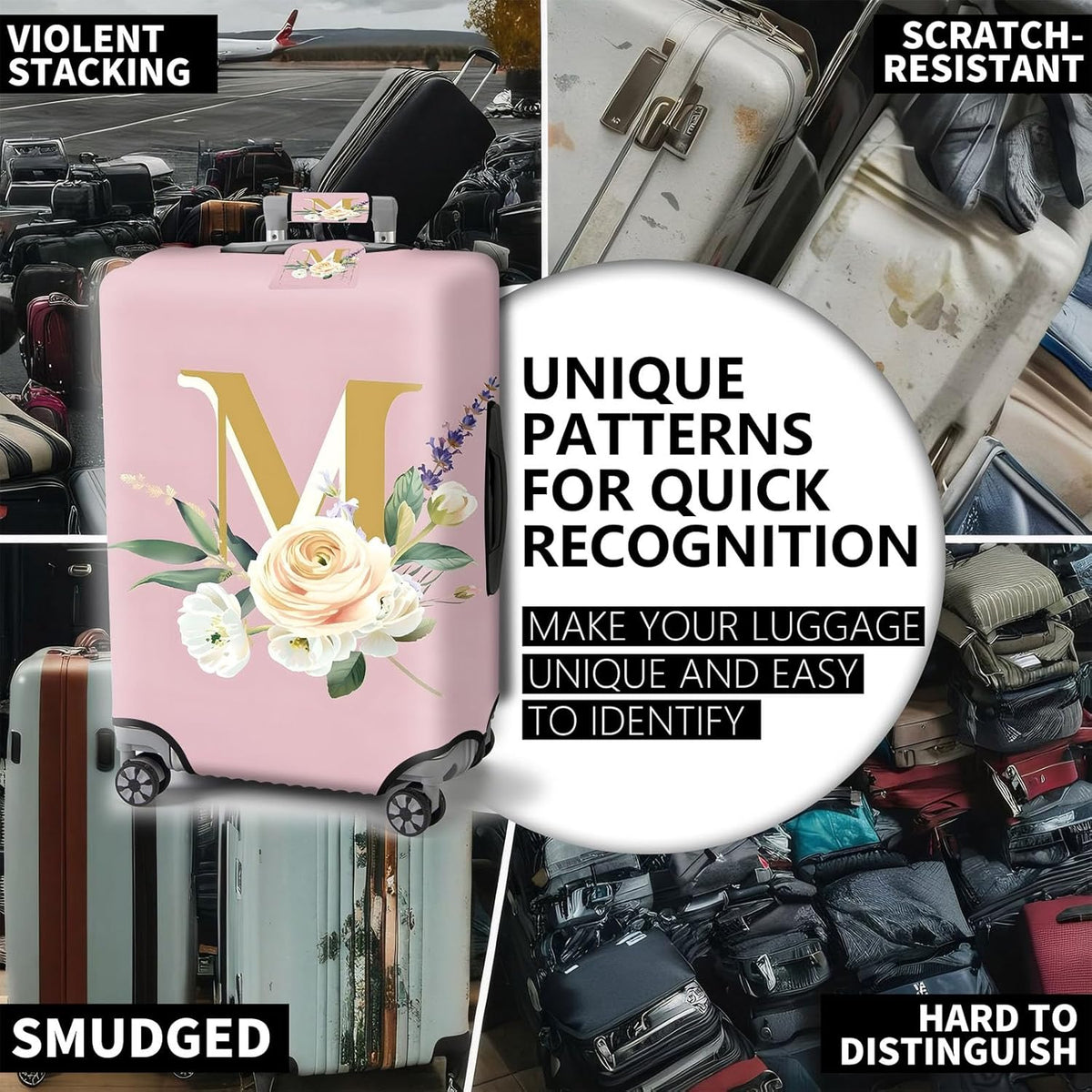 Travel Luggage Cover,Floral Letter MTheme Suitcase Cover Accessory Kit, Luggage Tag, and Comfortable Luggage Handle Wrap, Washable Luggage Suitcase Protector (22-24 inch,M)