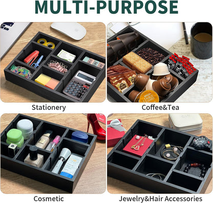 Desk Drawer Organizer Tray with 9 Adjustable Compartments, Wooden Office Desk Accessories Supplies Organization Storage for Desktop Bathroom Vanity Makeup Black