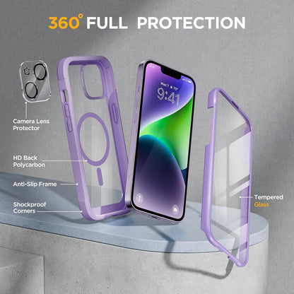 Miracase Glass Series Designed for iPhone 14 Plus Case 6.7 inch, 2023 Upgrade Full-Body Magnetic Clear Case with Built-in 9H Tempered Glass Screen Protector,Compatible with MagSafe,Purple