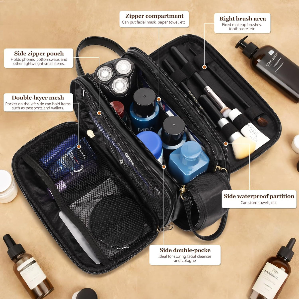Travel Toiletry Bag for Men,Mens Shaving Bags for Toiletries,Men's Toiletry Travel Bag Leather,Personalized Travel Essentials,Birthday Gifts For Men,Black- F