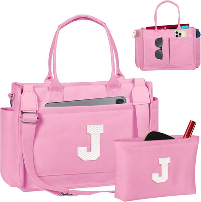 Gifts for Women Teen Girls, Initial Tote Bag with Zipper, Letter Canvas Tote Purse for College Work Laptop Beach