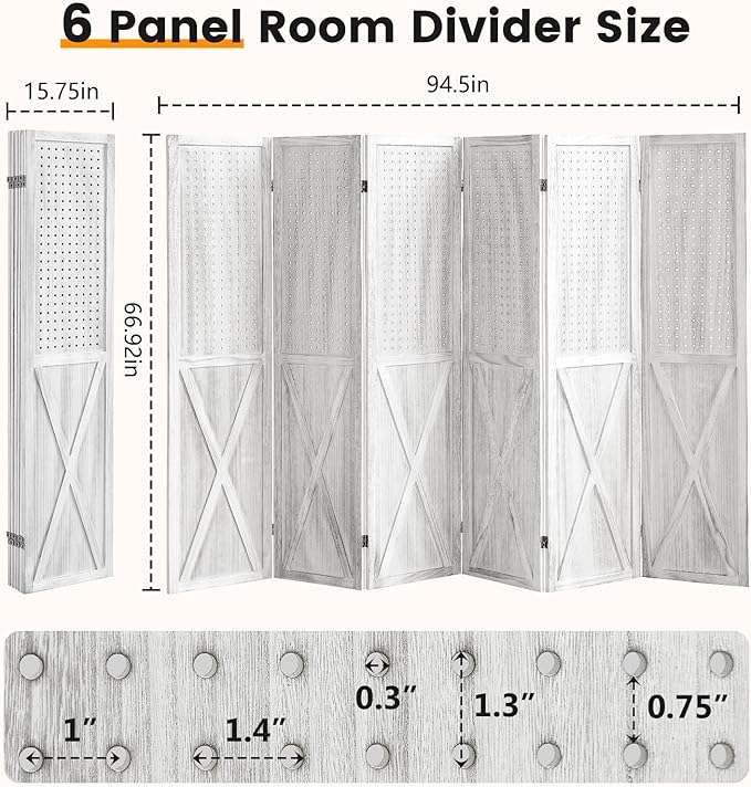 ALeesing 6 Panel Pegboard Room Divider, 5.6Ft Pegboard Display Folding Privacy