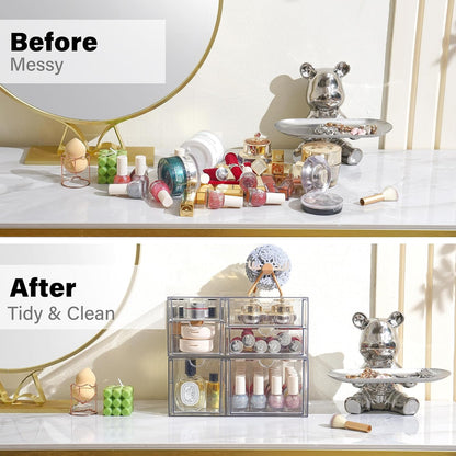 Prsildan Acrylic Drawer Makeup Organizer with 6 Drawers, Set of 2 Office Desk Organizers Accessories, Clear Stackable Storage Drawers for Vanity, Craft, Not for Baby Bottle (Largest Drawer 4" Tall)