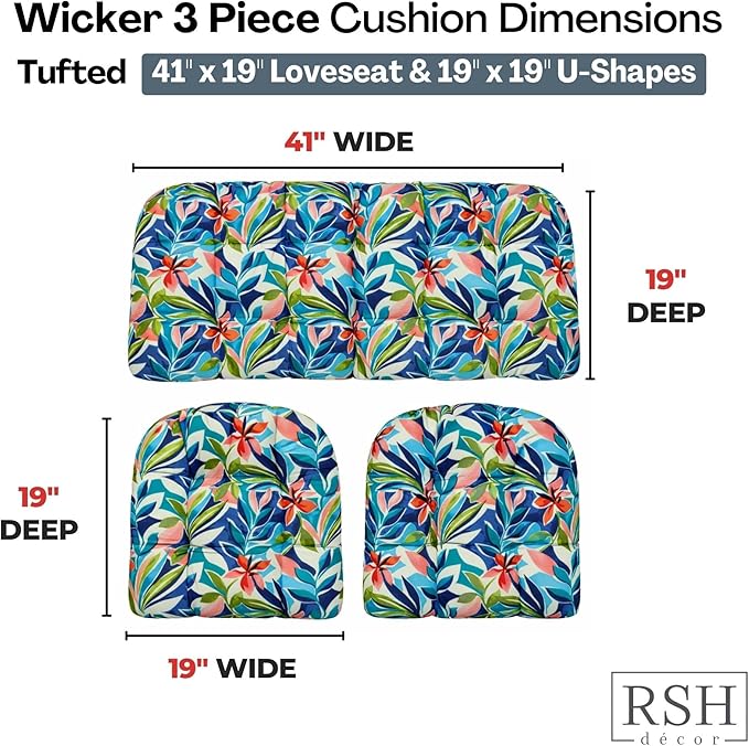 RSH DECOR: 3-Piece Tufted Wicker Cushion Set -41”x19 & 19"x19" Outdoor Wicker Loveseat Cushions & U-Shape Chair Cushions for Patio Furniture - All-Weather Spun Fabric (SOMAP Multi) - Made in USA