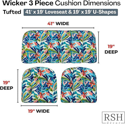 RSH DECOR: 3-Piece Tufted Wicker Cushion Set -41”x19 & 19"x19" Outdoor Wicker Loveseat Cushions & U-Shape Chair Cushions for Patio Furniture - All-Weather Spun Fabric (SOMAP Multi) - Made in USA