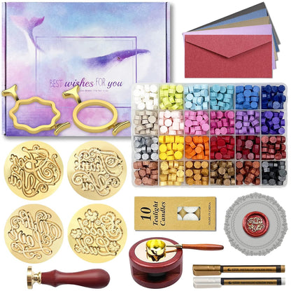 Wax Seal Stamp Kit with Gift Box, 672 Pcs Wax Seal Beads, 4 Pcs Wax Stamps, 2 Pcs Wax Seal Molds, Sealing Wax Warmer, Spoon, Mat, Metallic Pens, Candles, Wax Seal Kit for Craft Gift