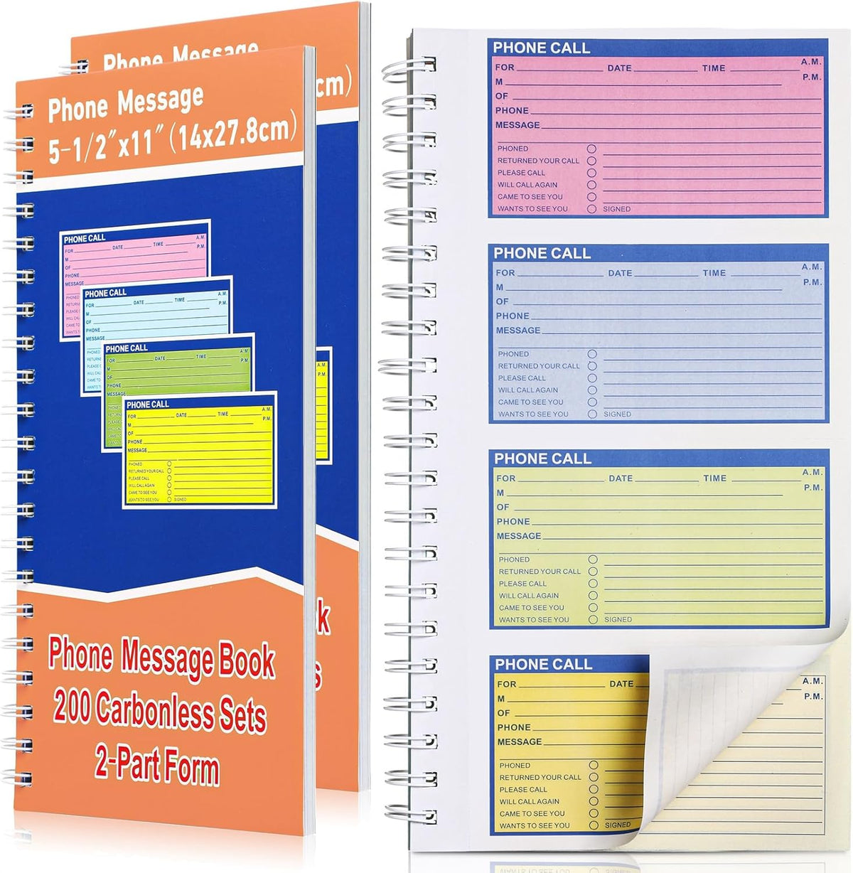 Fullhawl 2 Pcs Spiral Bound Phone Message Book 5-1/2" x 11" 2 Part Colorful Carbonless Message Pads 4 Messages Per Page Carbon Copy Notebook Spiral Phone Call Log Book for Business Office