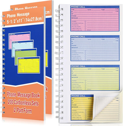 Fullhawl 2 Pcs Spiral Bound Phone Message Book 5-1/2" x 11" 2 Part Colorful Carbonless Message Pads 4 Messages Per Page Carbon Copy Notebook Spiral Phone Call Log Book for Business Office