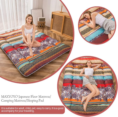 Bohemian Retro Floor Mattress Vintage Floral Japanese Futon Mattress Roll Up Thicken Sleeping Bed Portable Camping Mattress Floor Lounger Couch Bed Mattress Pad, King Size