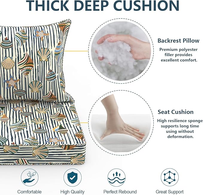 Outdoor Deep Seat Cushion Set, Water Repellent 22"x22" Patio Thick Cushions Replacement with Seat & Back Pillow for Patio Sofa, Wicker Chair, Couch - Crayon Shells
