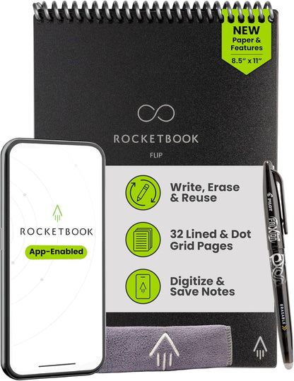 Rocketbook Flip Reusable Smart Notepad, Top Bound Notebook Letter Size8.5x11, Black - Lined and Dotted Pages, App-Connected, Erasable, Ideal for Righties and Lefties