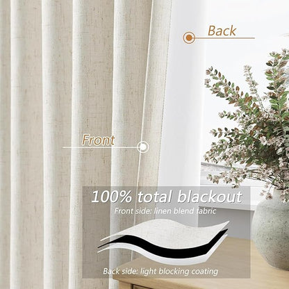 Guken 100% Blackout Cream Linen Curtains 110 Inch Wide by 52 Inch 2 Panels Set for Living Room Bedroom Back Tab Thermal Insulated Black Out Linen Drapes Room Darkening Window Curtains