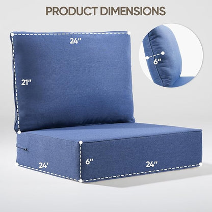 6" Thick Outdoor Cushion, 24*24*6" Patio Furniture Cushions with Waterproof Patio Furniture Cushions with Removable Cover, 28D High Density Patio Cushion for Outdoor Furniture, Blue-2pcs