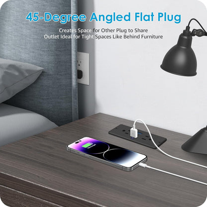 HHSOET 5 in 1 Recessed Power Strip Flat Plug, 65W Fast Charging Furniture Outlet with USB, Conference Recessed Socket with 2 AC Plugs, 2 USB Ports 1 USB-C, 10ft Power Cord. (Black)