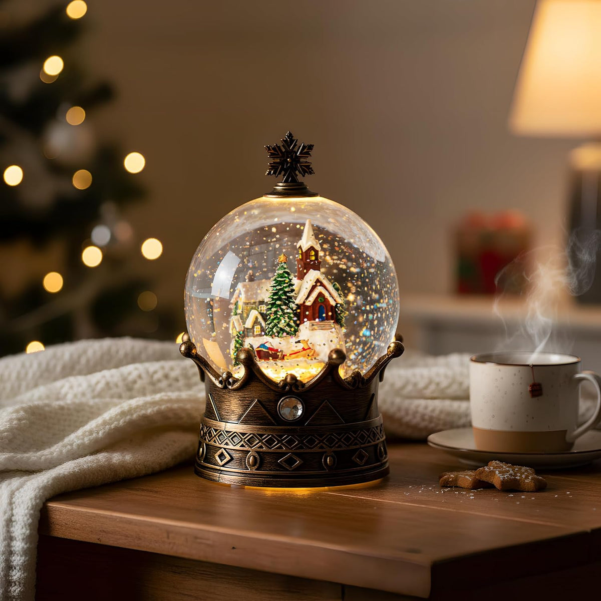 Christmas Snow Globe Lantern Water Glittering Village & Santa Crown with Music, USB Lined/Battery Operated Lighted Lantern for Christmas Festival Decoration Gifts