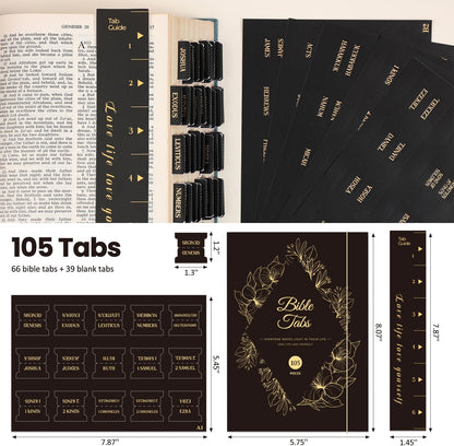 Laminated Bible Tabs, Gold Foil Embossed Lettering Bible Chapter Index Tabs for Women Men, Reposition Large Print Sticky Labels, Easy to Read and Apply, 105Chapters Labels for Easy Navigation (Black)