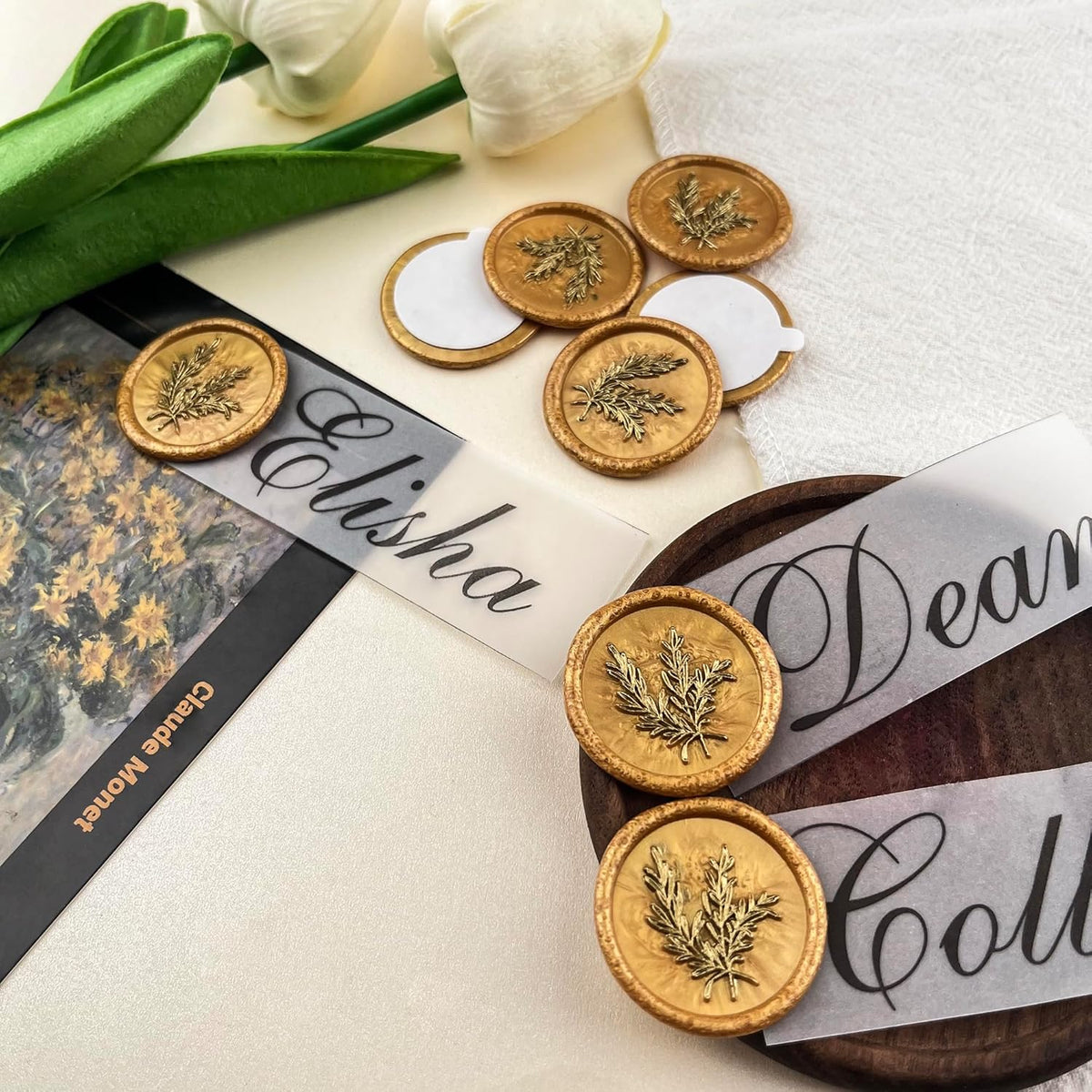 50Pcs Gold Wax Seal Stickers - Handmade Self-Adhesive Envelope Seals for Wedding Party Invitations, Gift Wrap, Christmas (Rosemary Style)