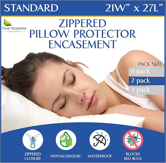 Standard Pillow Protectors (Set of 2) – Zippered Waterproof Pillow Covers Hypoallergenic Dust and Allergen Proof Pillowcase Encasement