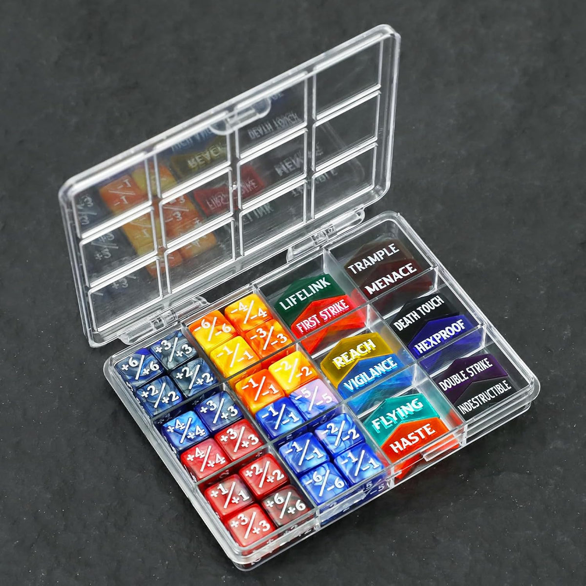 48PCS MTG Tokens & 12mm Dice Counter with Box, MTG Abilities Keyword Buff Tokens Life Counters Loyalty Dice for Magic The Gatering TCG Card Gaming Accessories CCG Creature Stats