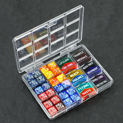 48PCS MTG Tokens & 12mm Dice Counter with Box, MTG Abilities Keyword Buff Tokens Life Counters Loyalty Dice for Magic The Gatering TCG Card Gaming Accessories CCG Creature Stats